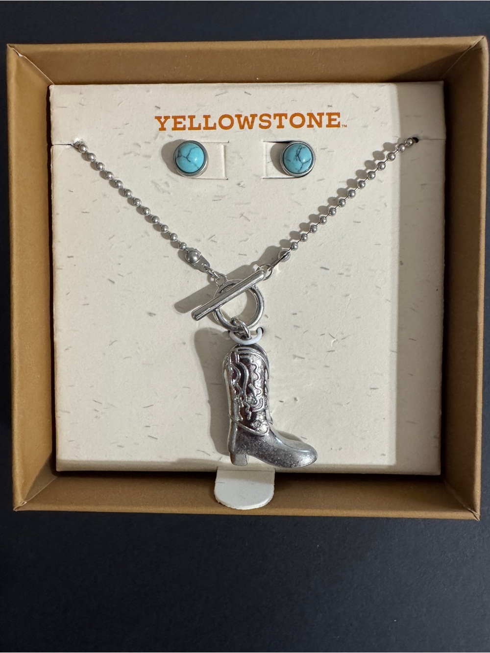 Yellowstone Silver Cowboy Boot Necklace with Turquoise Stud Earrings